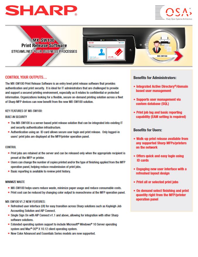 Sharp, print release software, Prior & Nami Business Systems